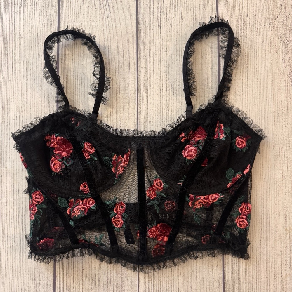 For Love & Lemons VS Rosebud Bustier Top Size Small Roses Floral Red Black Sexy